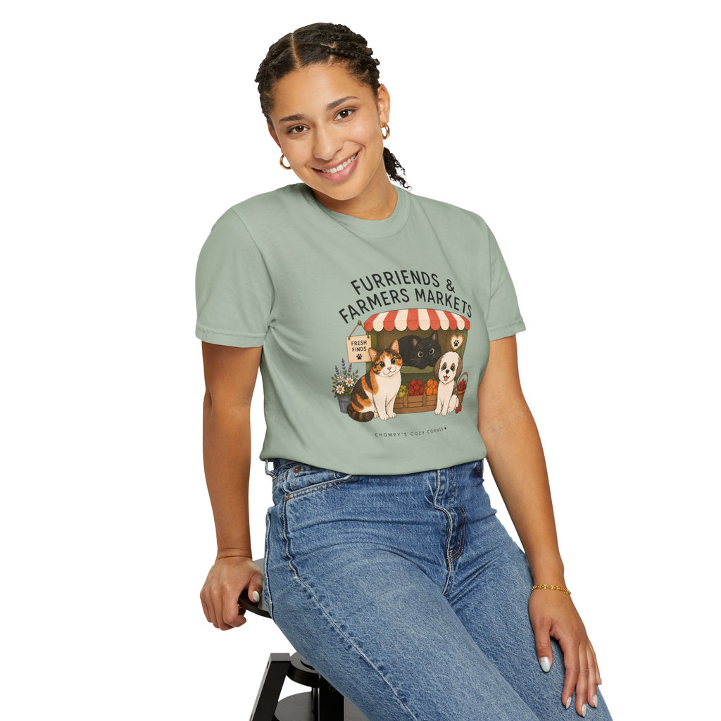 Chompy & Furriends ft. Fenlon Felines: Farmers Market Dogs T-Shirt — “Furriends & Farmers Markets” Cute Pet Market Tee