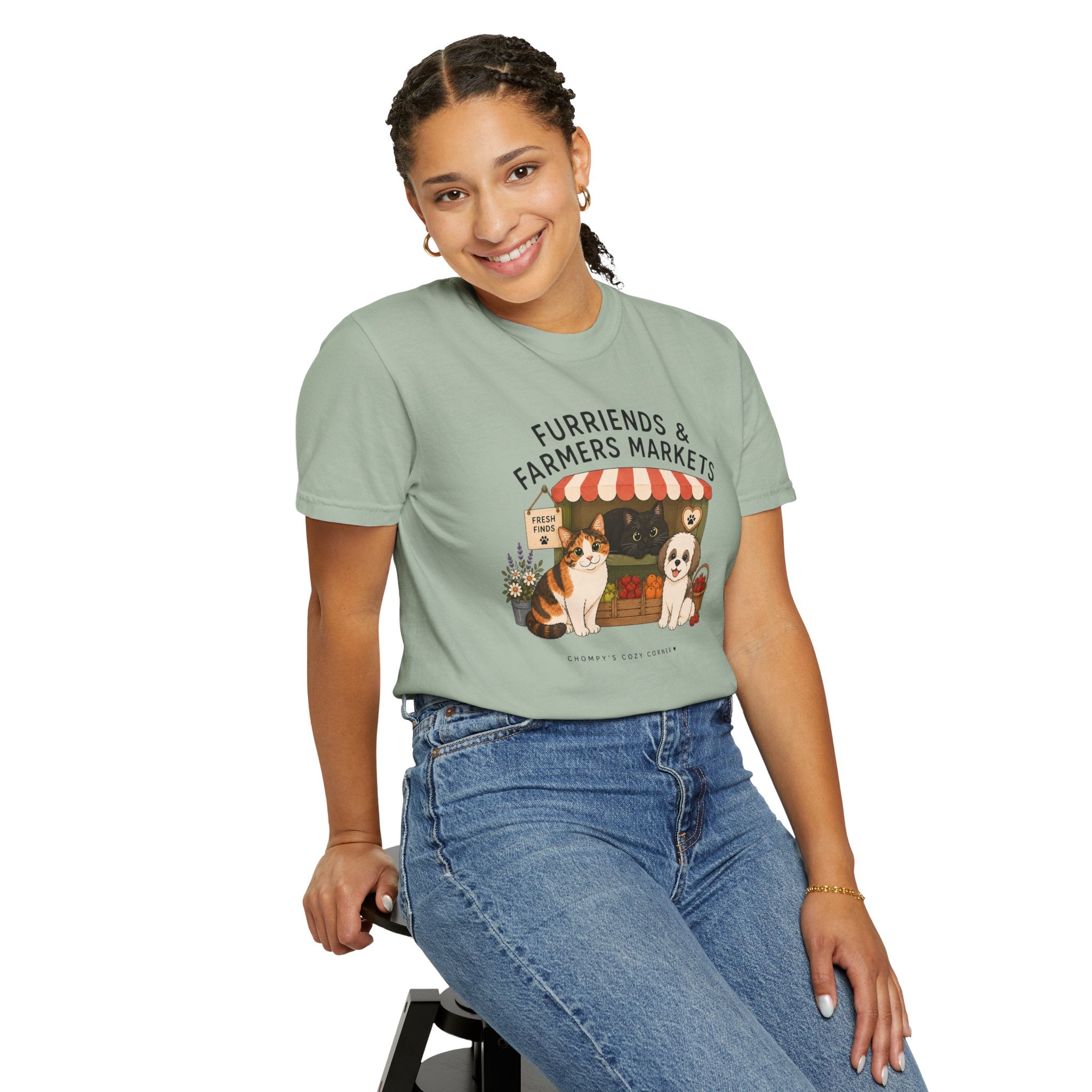 Chompy & Furriends ft. Fenlon Felines: Farmers Market Dogs T-Shirt — “Furriends & Farmers Markets” Cute Pet Market Tee