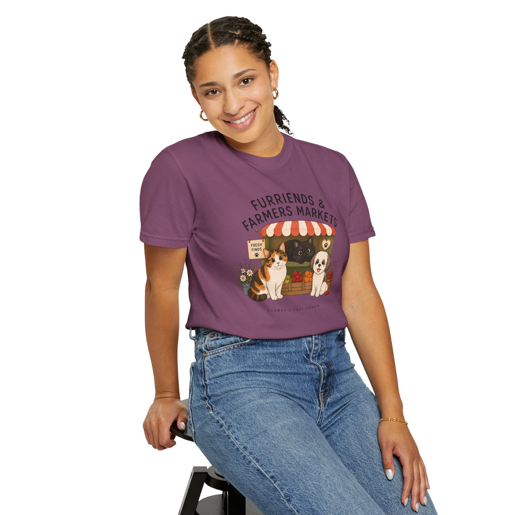 Chompy & Furriends ft. Fenlon Felines: Farmers Market Dogs T-Shirt — “Furriends & Farmers Markets” Cute Pet Market Tee