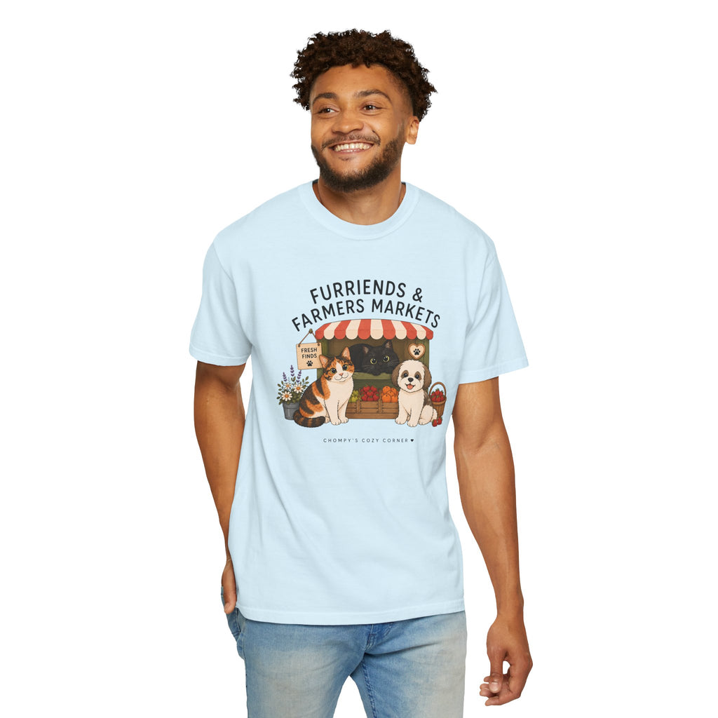 Chompy & Furriends ft. Fenlon Felines: Farmers Market Dogs T-Shirt — “Furriends & Farmers Markets” Cute Pet Market Tee