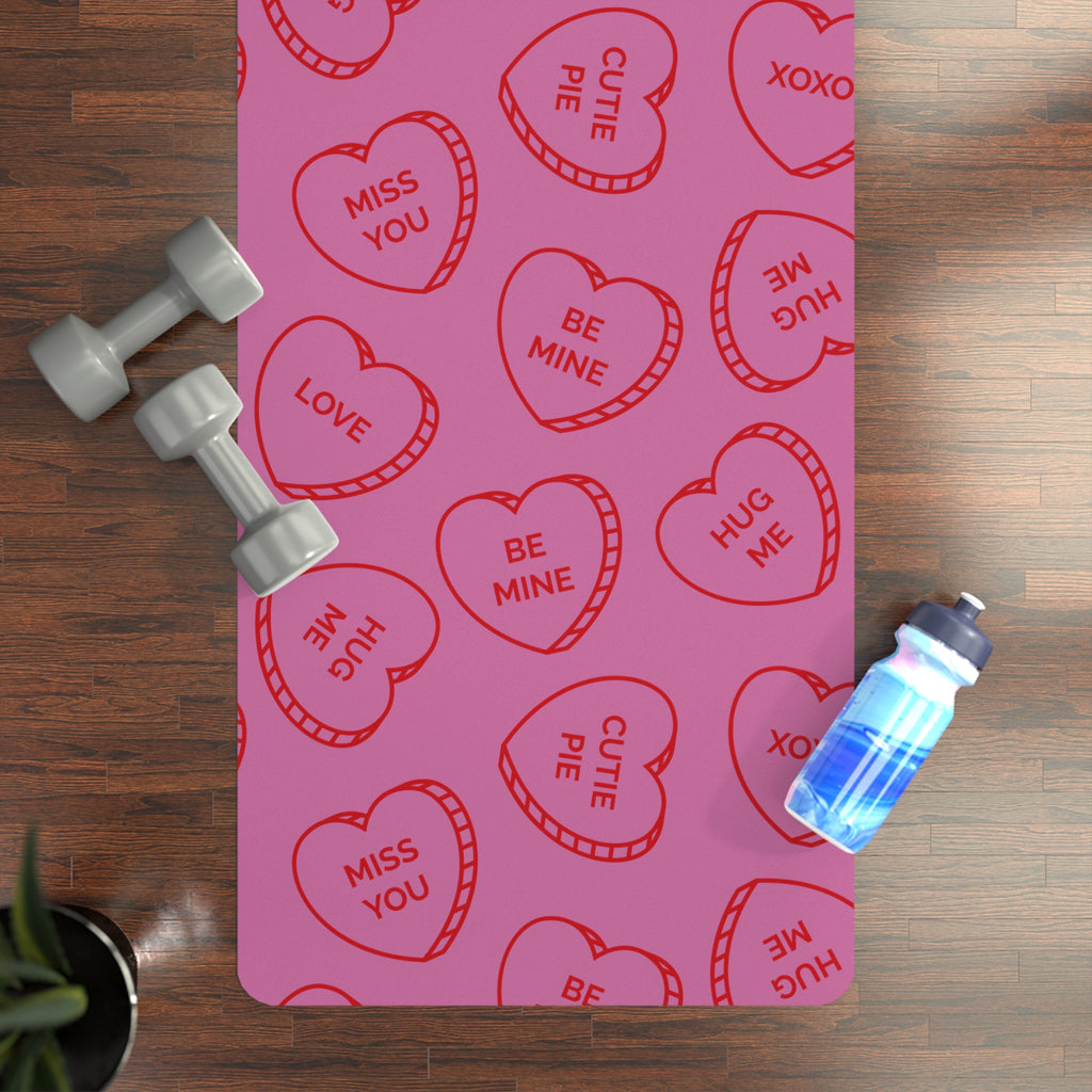 Valentine Conversation Hearts Rubber Yoga Mat — Pink Love Pattern for Pilates & Gifts