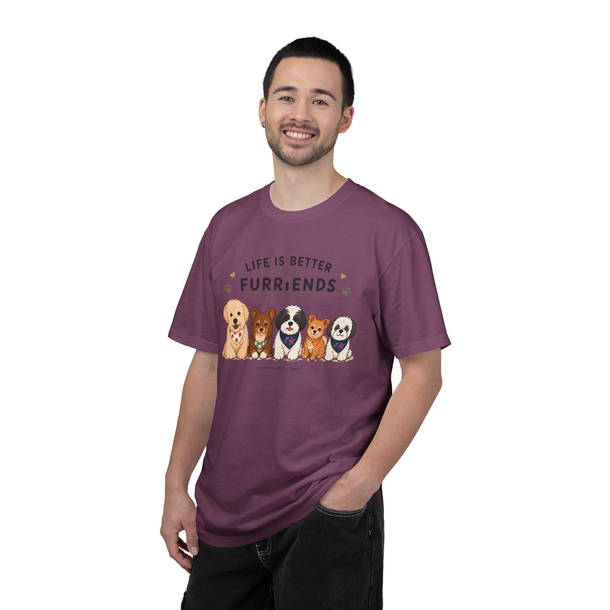 Chompy and Furriends ft. Cohen Crew: Life Is Better With Furriends T-Shirt — Cute Dogs Graphic Tee