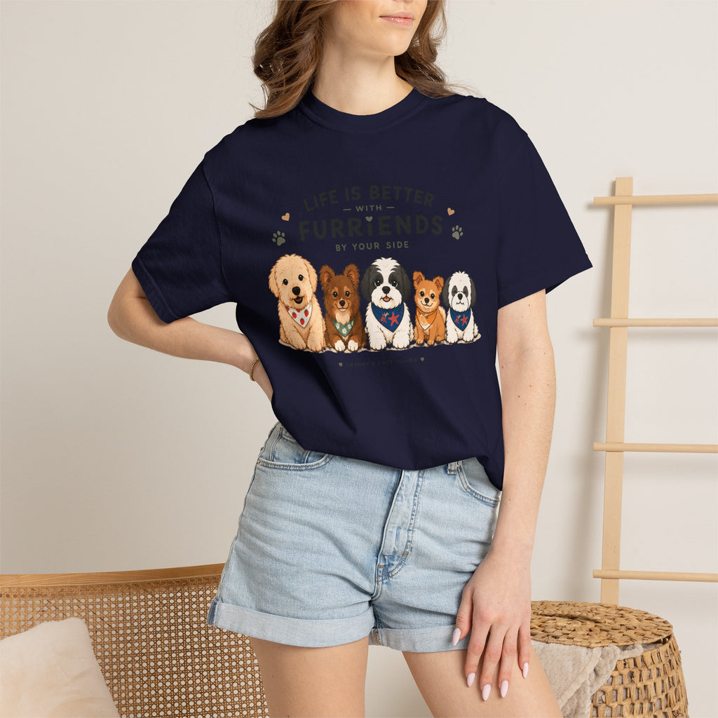 Chompy and Furriends ft. Cohen Crew: Life Is Better With Furriends T-Shirt — Cute Dogs Graphic Tee