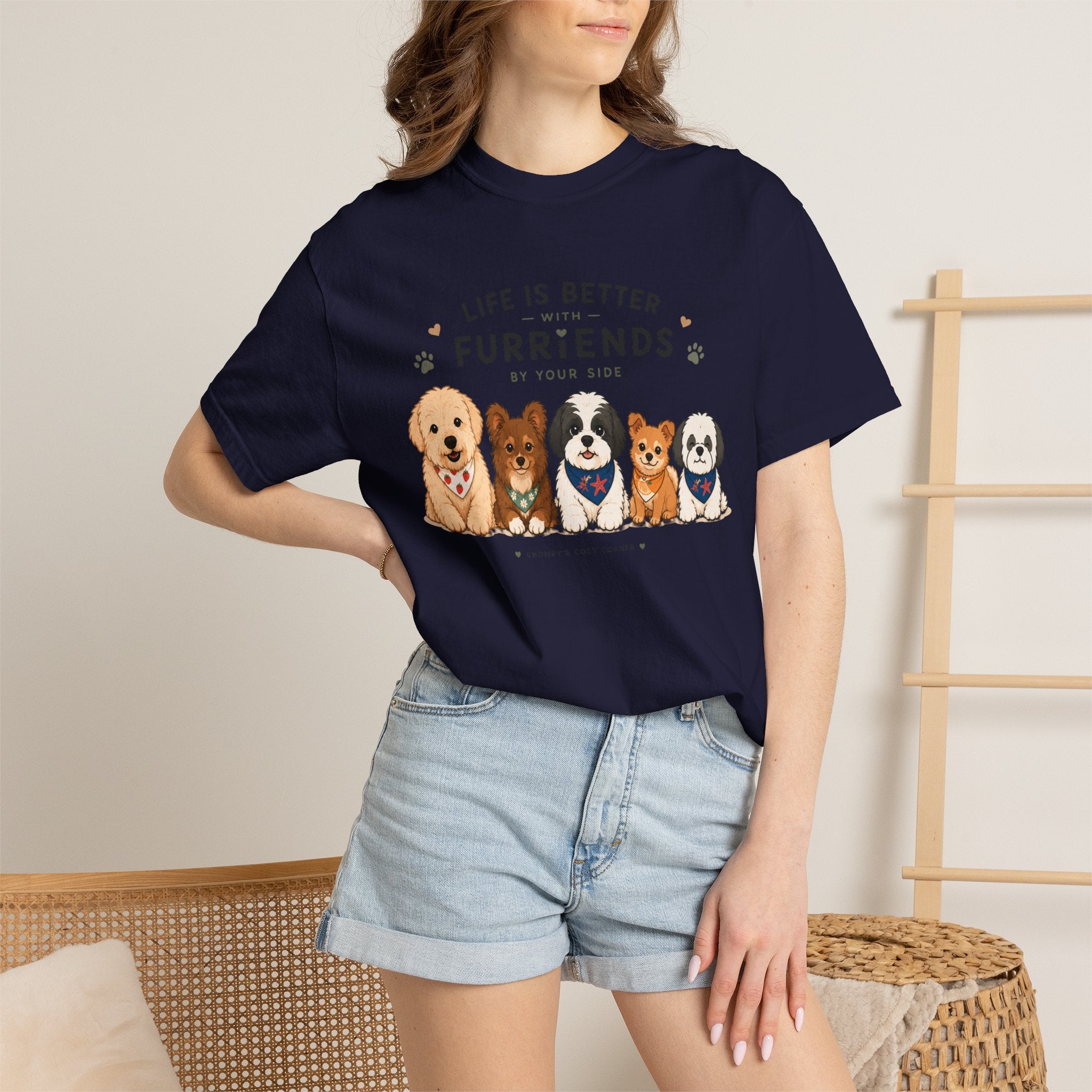 Chompy and Furriends ft. Cohen Crew: Life Is Better With Furriends T-Shirt — Cute Dogs Graphic Tee