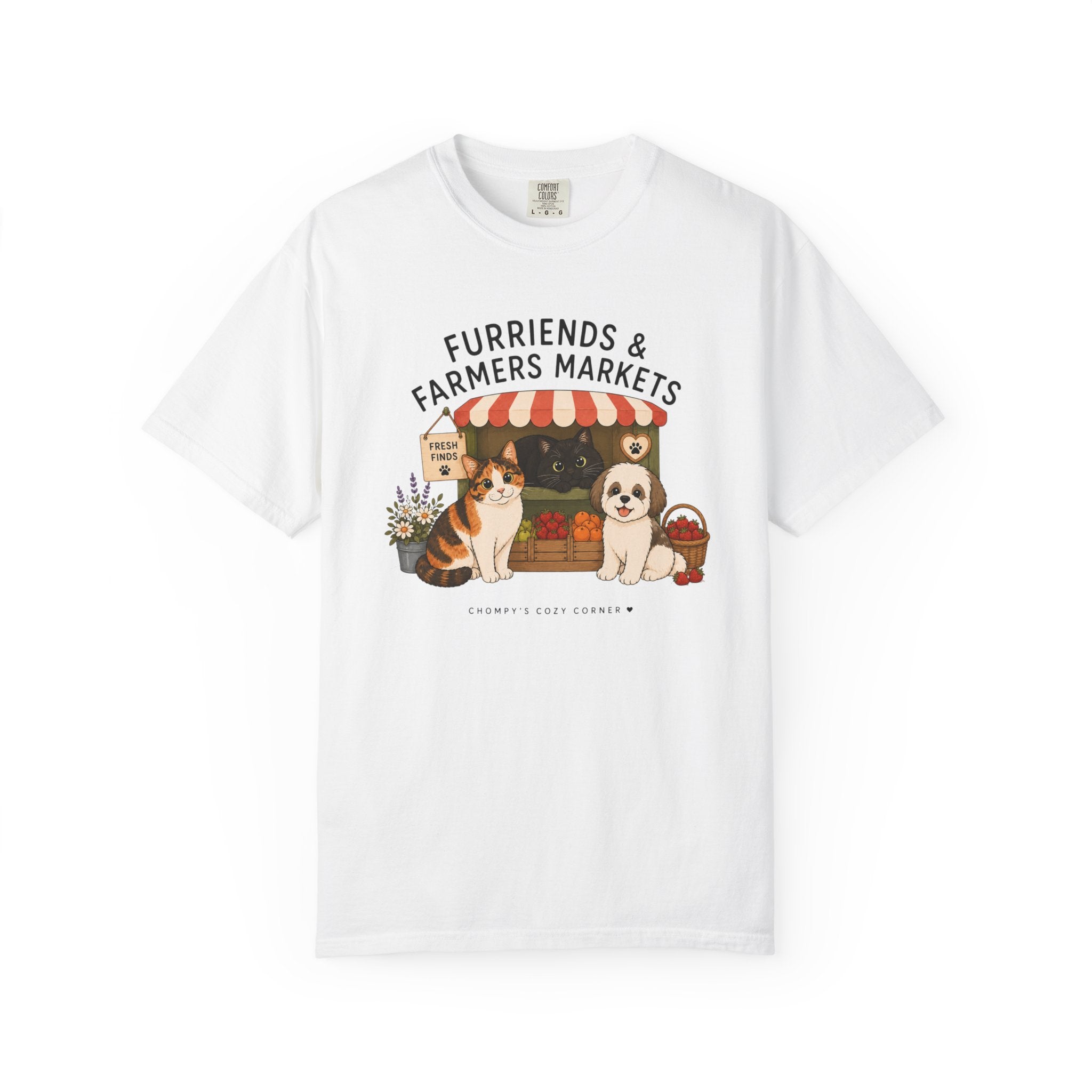 Chompy & Furriends ft. Fenlon Felines: Farmers Market Dogs T-Shirt — “Furriends & Farmers Markets” Cute Pet Market Tee