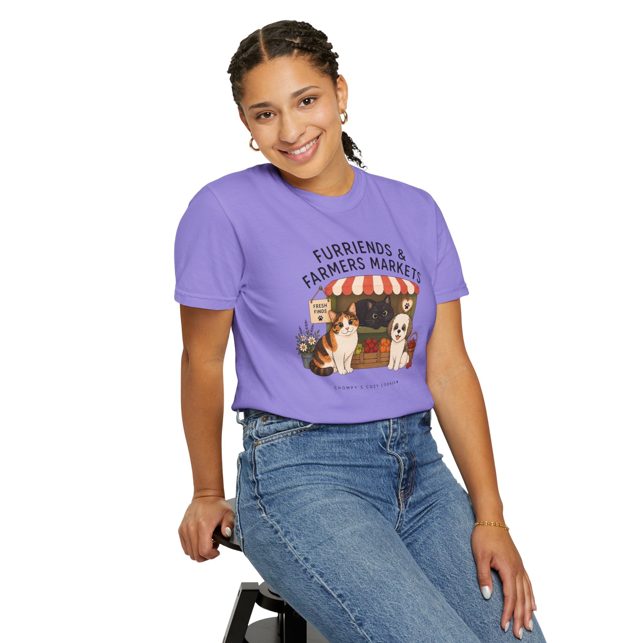 Chompy & Furriends ft. Fenlon Felines: Farmers Market Dogs T-Shirt — “Furriends & Farmers Markets” Cute Pet Market Tee