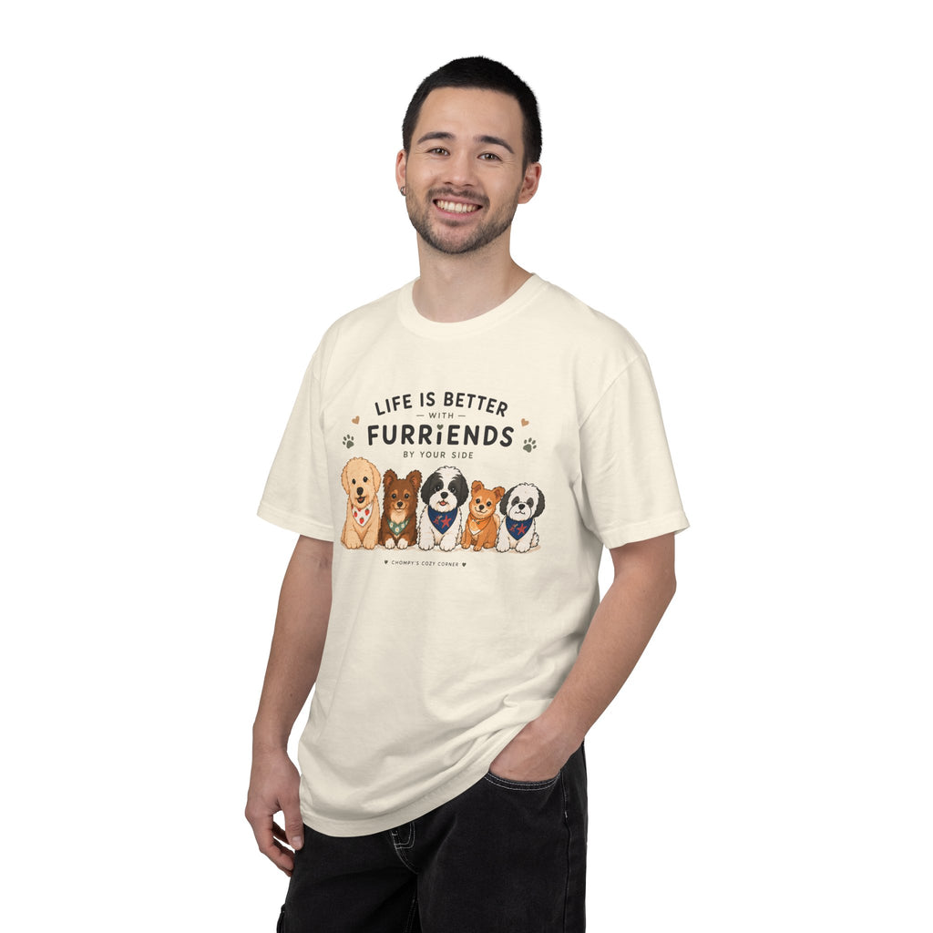 Chompy and Furriends ft. Cohen Crew: Life Is Better With Furriends T-Shirt — Cute Dogs Graphic Tee