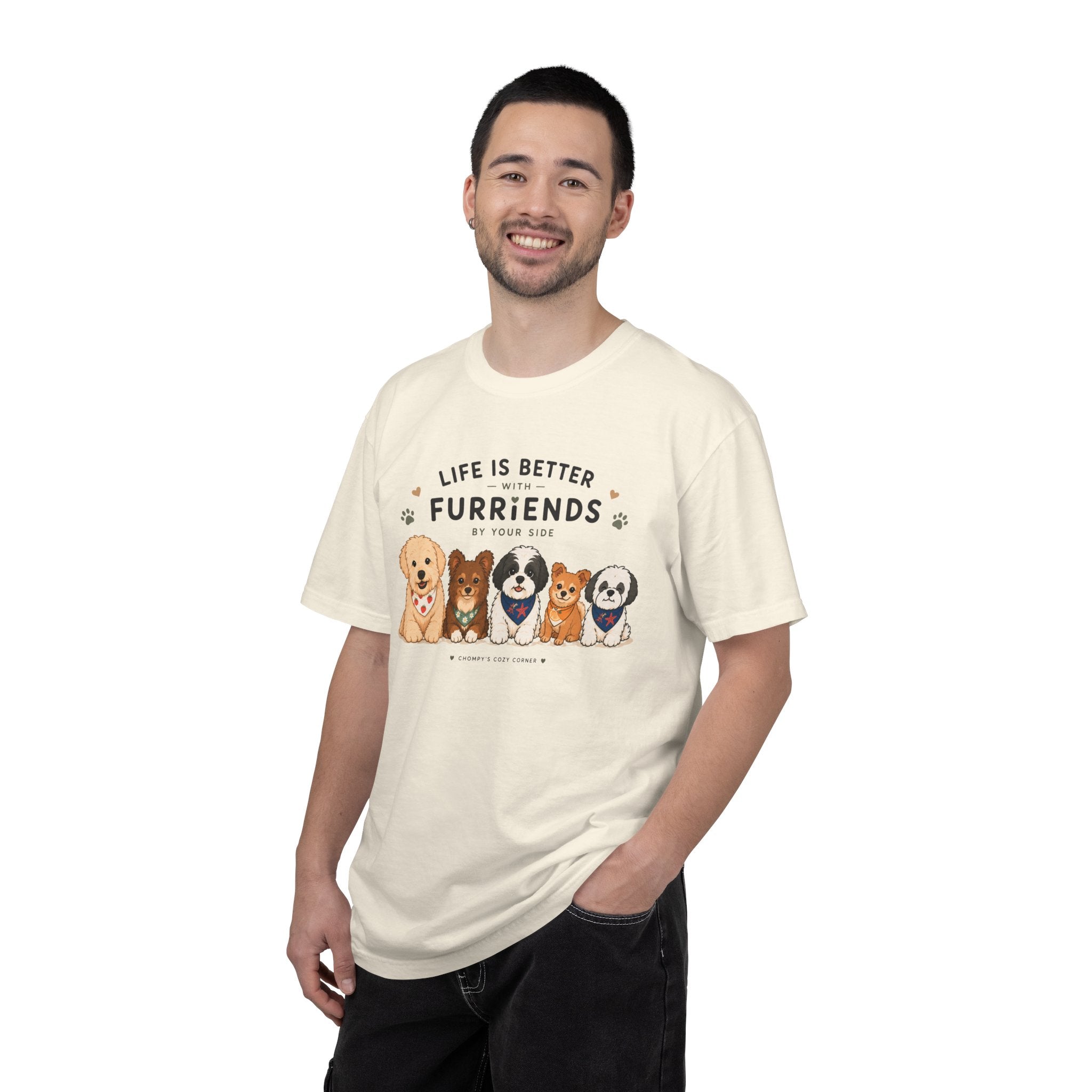 Chompy and Furriends ft. Cohen Crew: Life Is Better With Furriends T-Shirt — Cute Dogs Graphic Tee