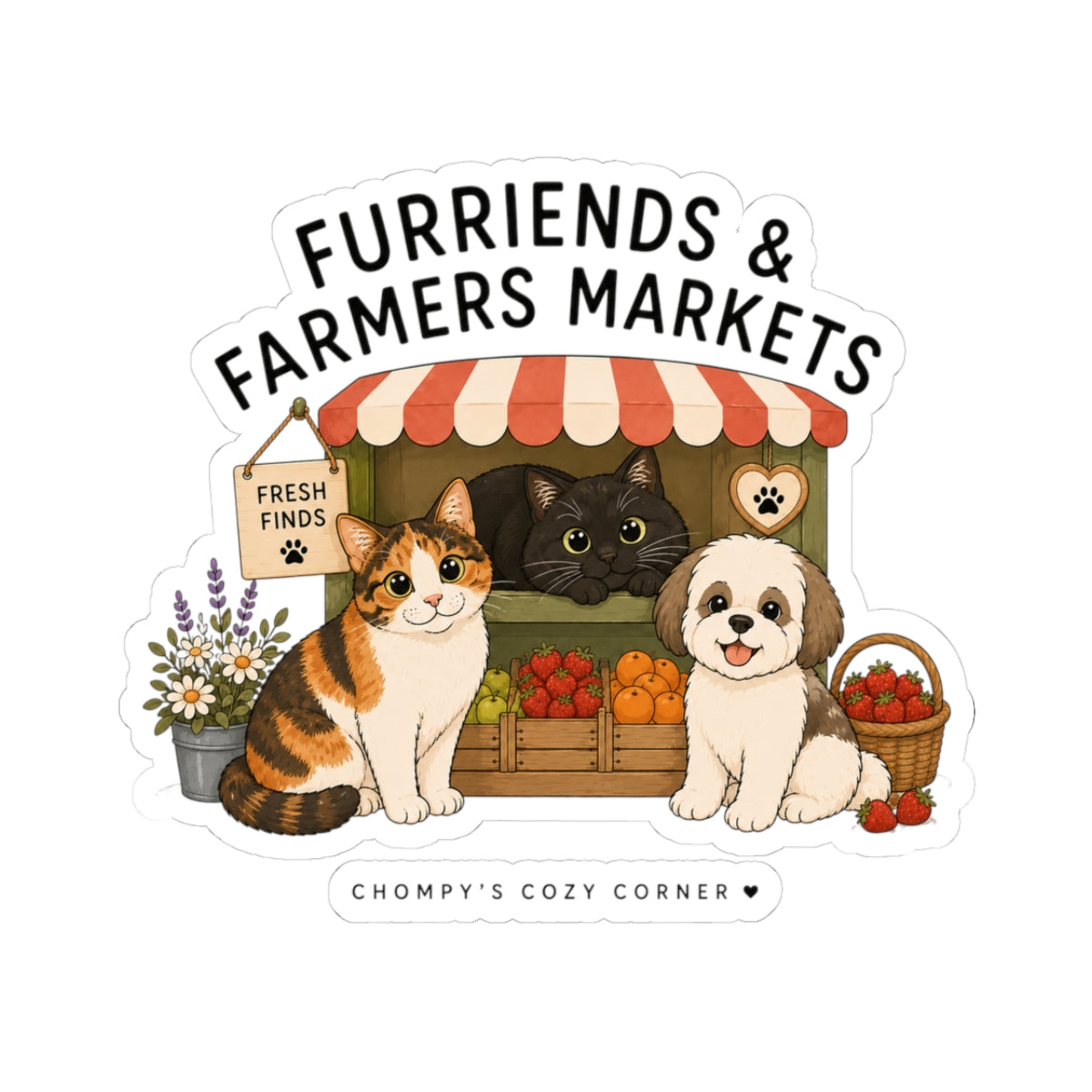 Furriends & Farmers Markets Kiss-Cut Sticker — Cute Cat & Dog Market Design