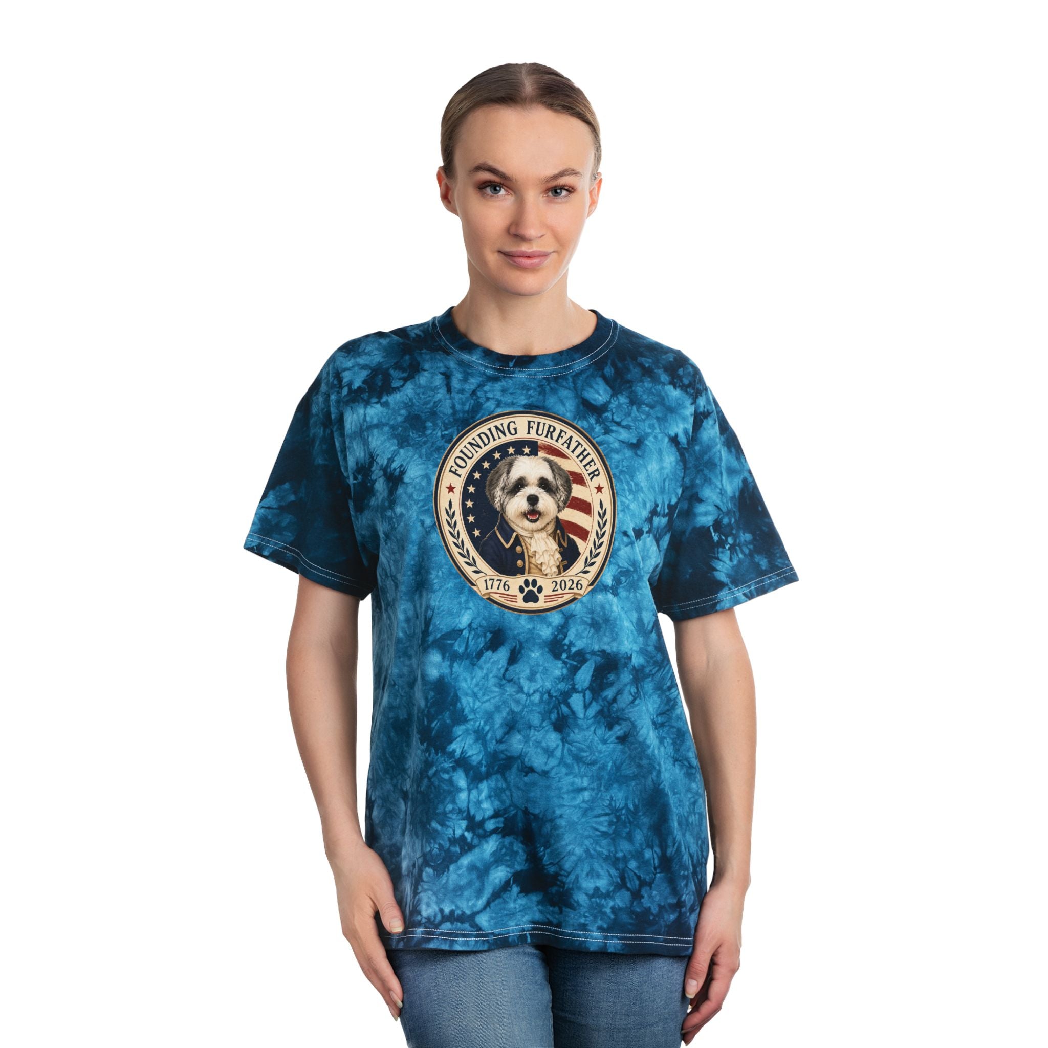 Tie-Dye T‑Shirt — 'Founding Furfather' Patriotic Dog Graphic