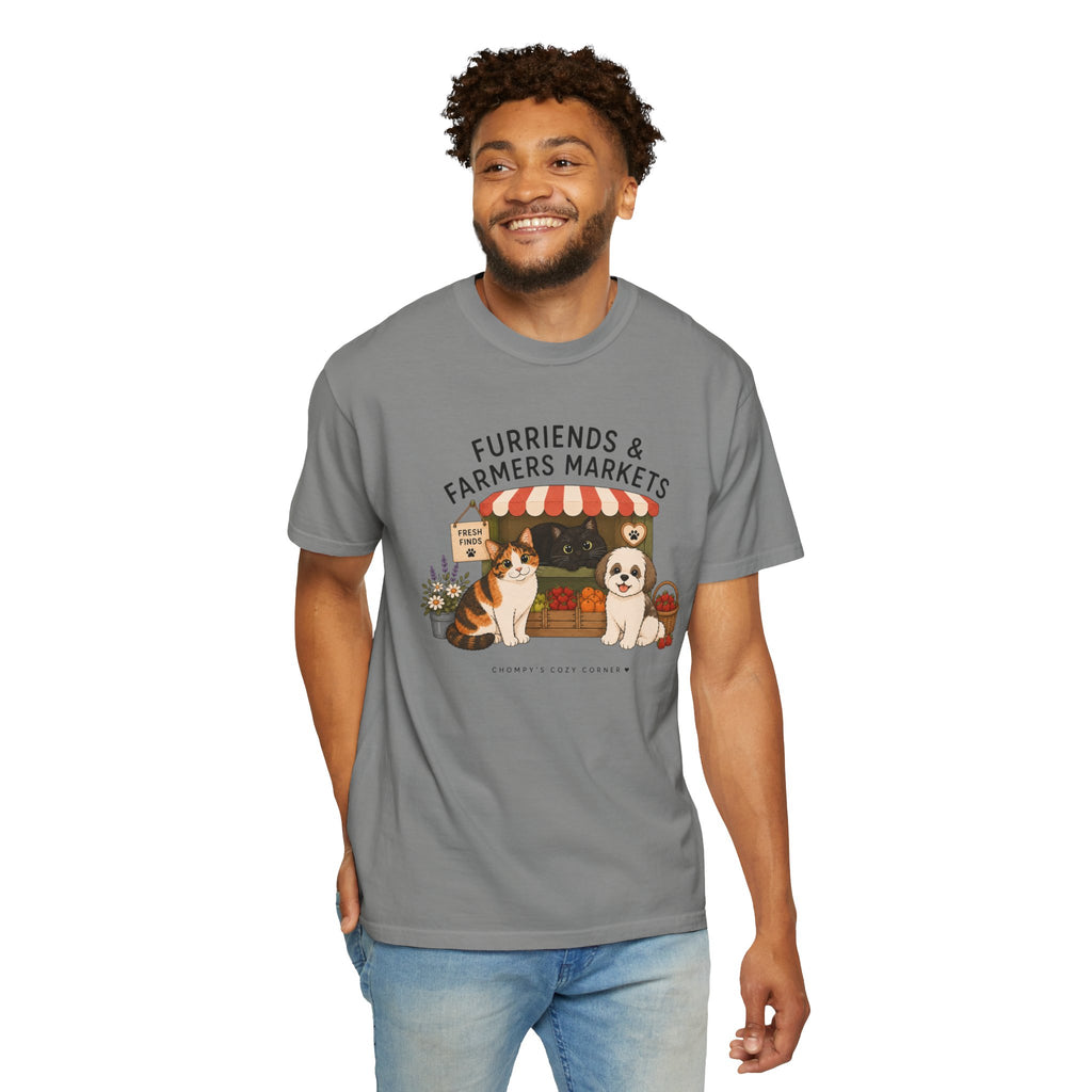 Chompy & Furriends ft. Fenlon Felines: Farmers Market Dogs T-Shirt — “Furriends & Farmers Markets” Cute Pet Market Tee