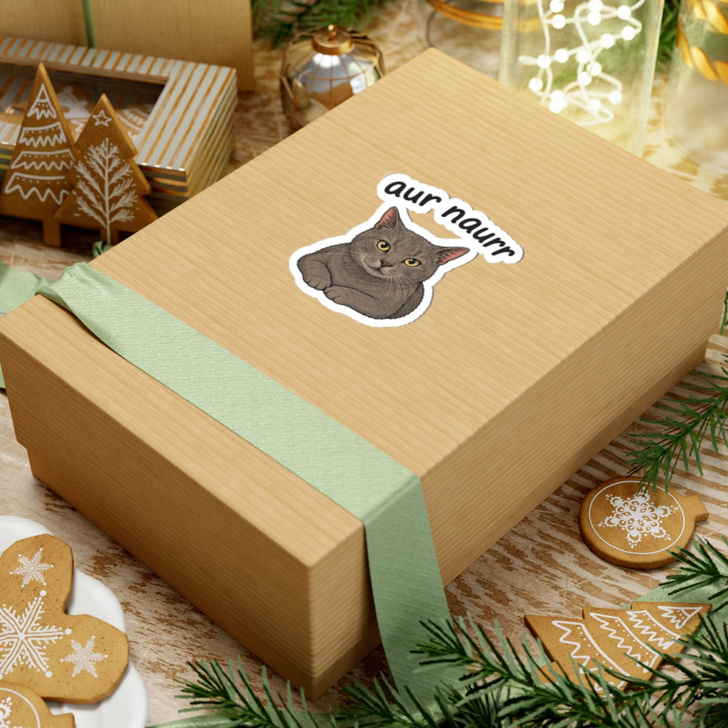 Gray Cat Kiss-Cut Sticker — “aur naurr” Cute Laptop & Water Bottle Decal