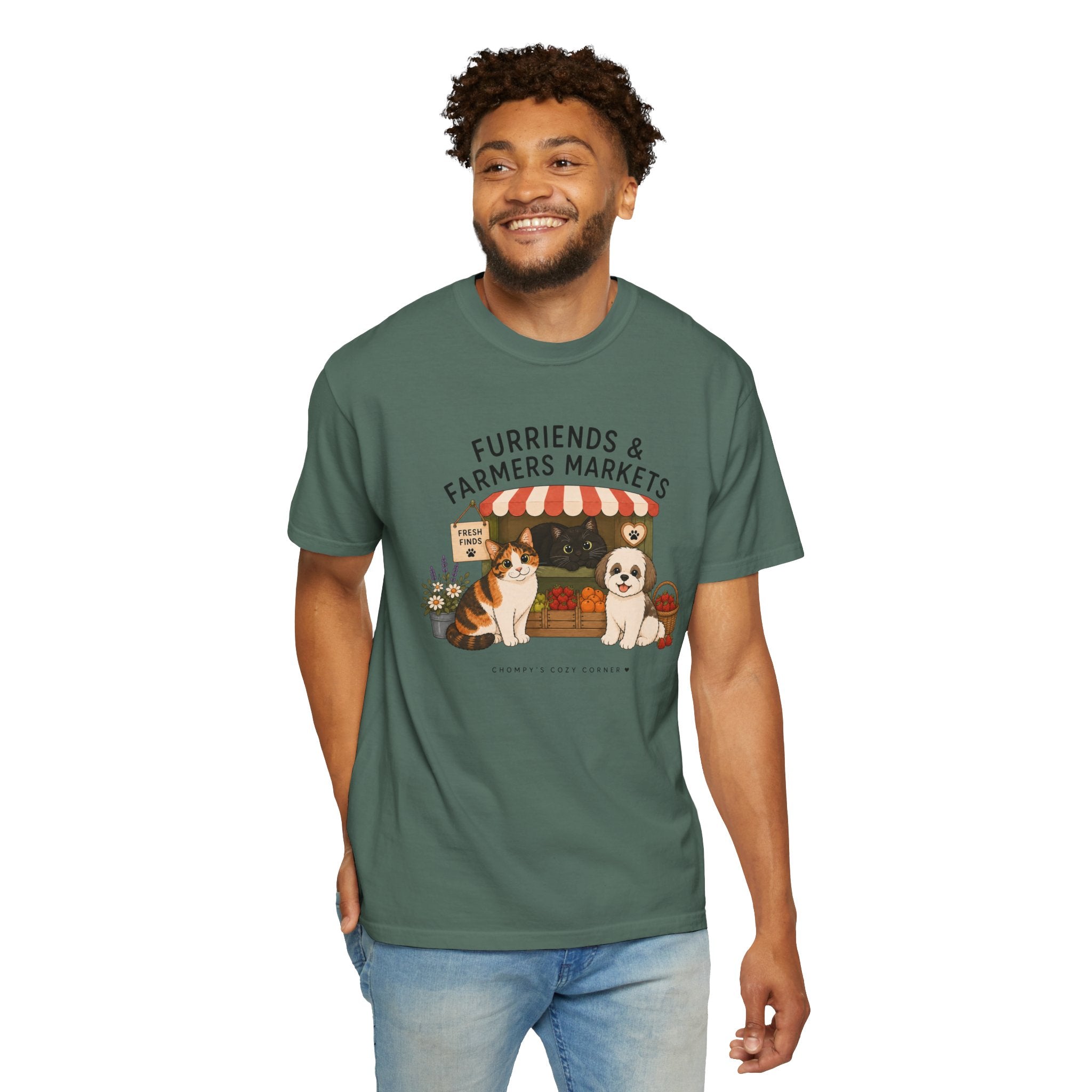 Chompy & Furriends ft. Fenlon Felines: Farmers Market Dogs T-Shirt — “Furriends & Farmers Markets” Cute Pet Market Tee