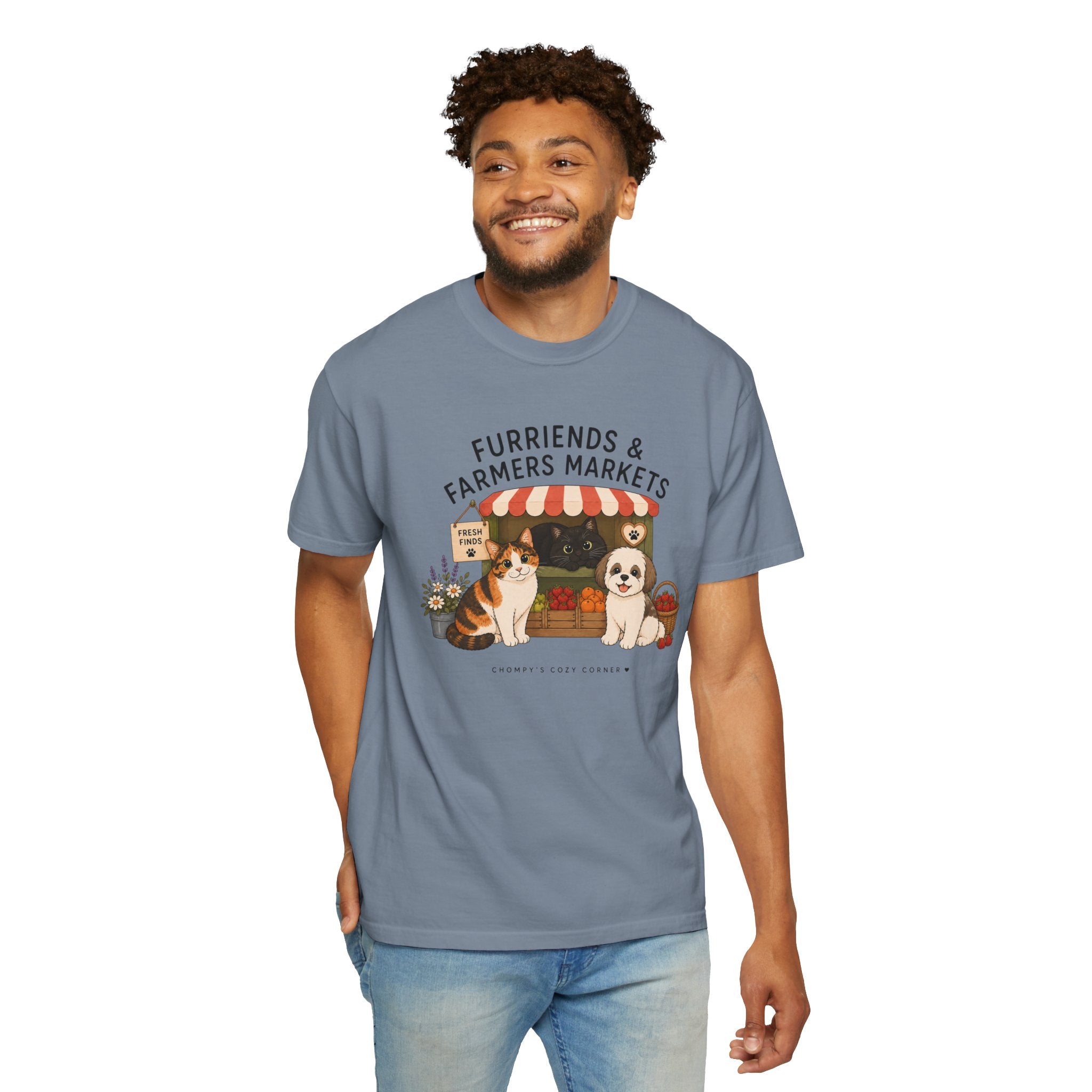 Chompy & Furriends ft. Fenlon Felines: Farmers Market Dogs T-Shirt — “Furriends & Farmers Markets” Cute Pet Market Tee