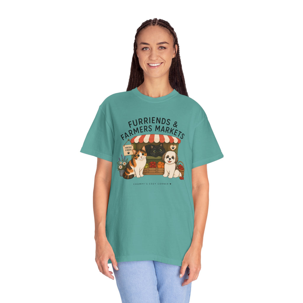 Chompy & Furriends ft. Fenlon Felines: Farmers Market Dogs T-Shirt — “Furriends & Farmers Markets” Cute Pet Market Tee