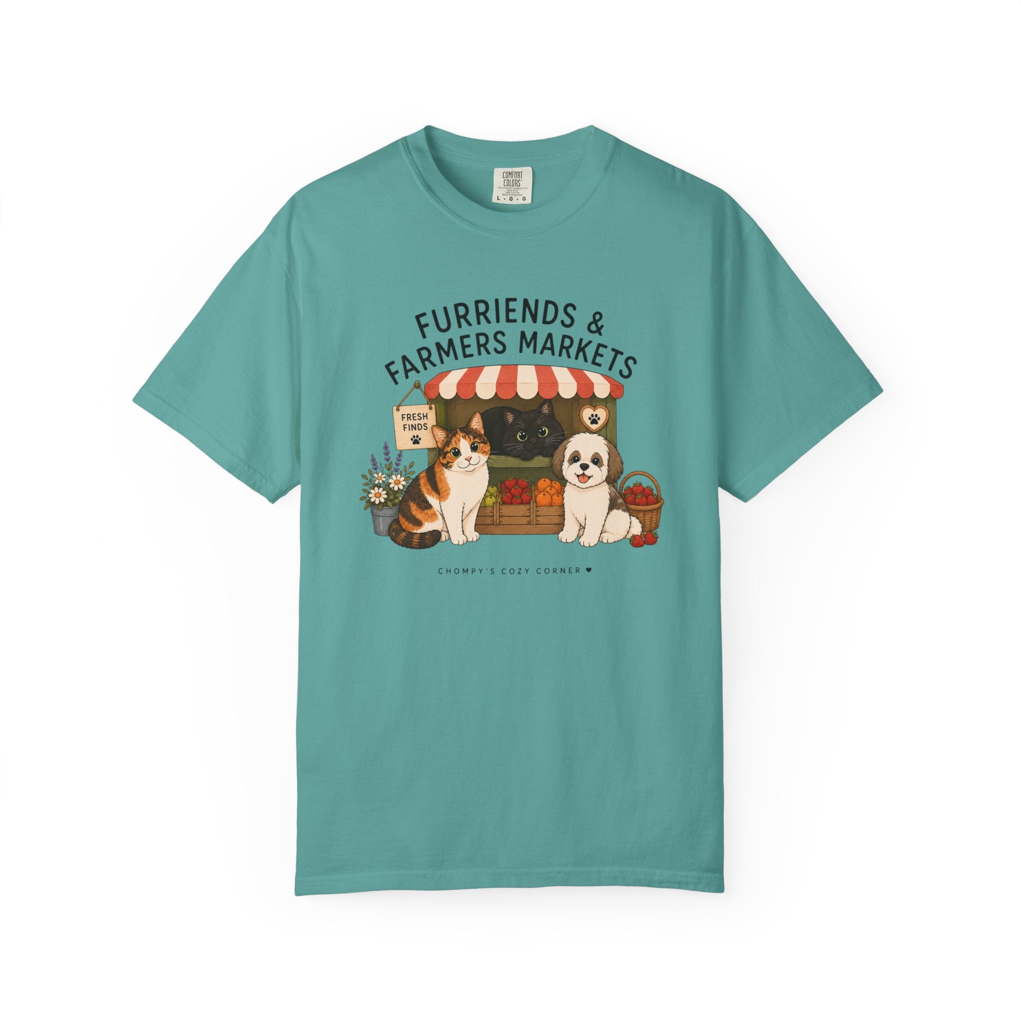 Chompy & Furriends ft. Fenlon Felines: Farmers Market Dogs T-Shirt — “Furriends & Farmers Markets” Cute Pet Market Tee