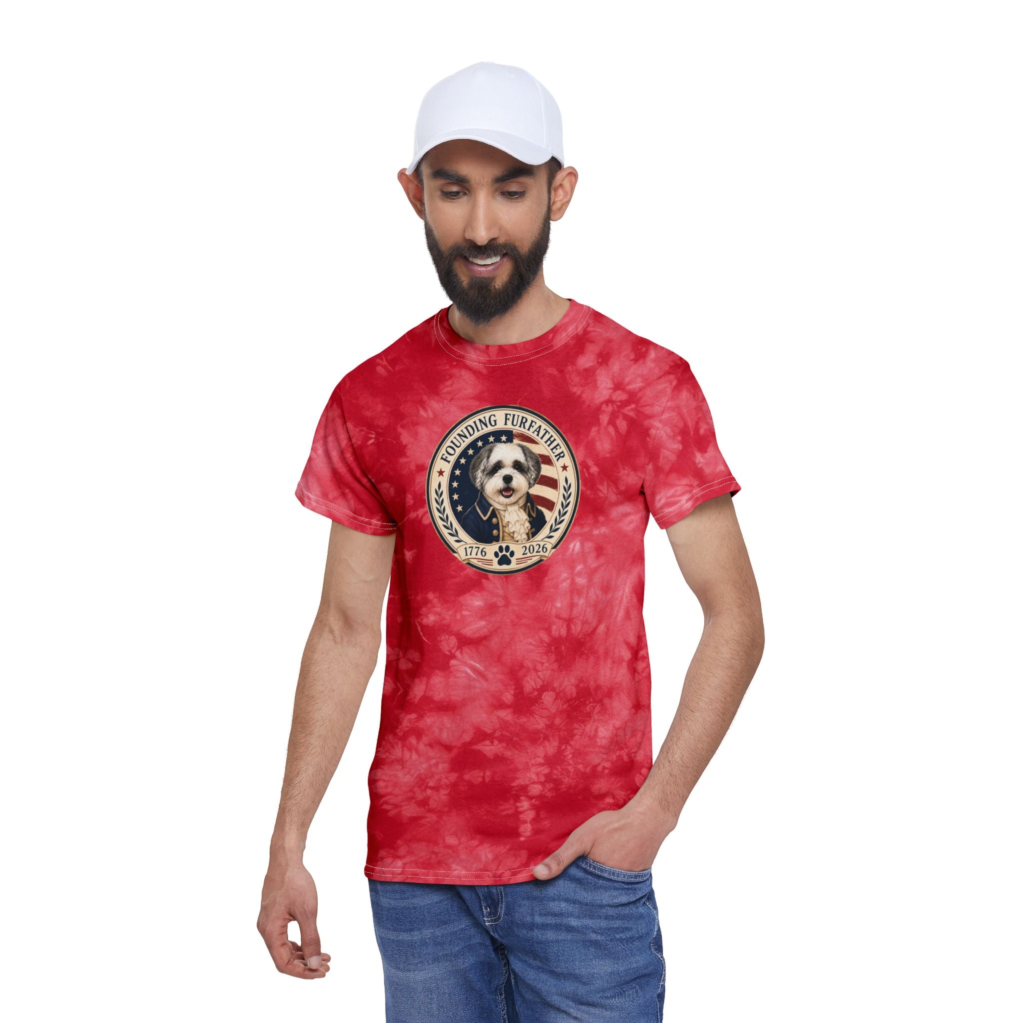 Tie-Dye T‑Shirt — 'Founding Furfather' Patriotic Dog Graphic