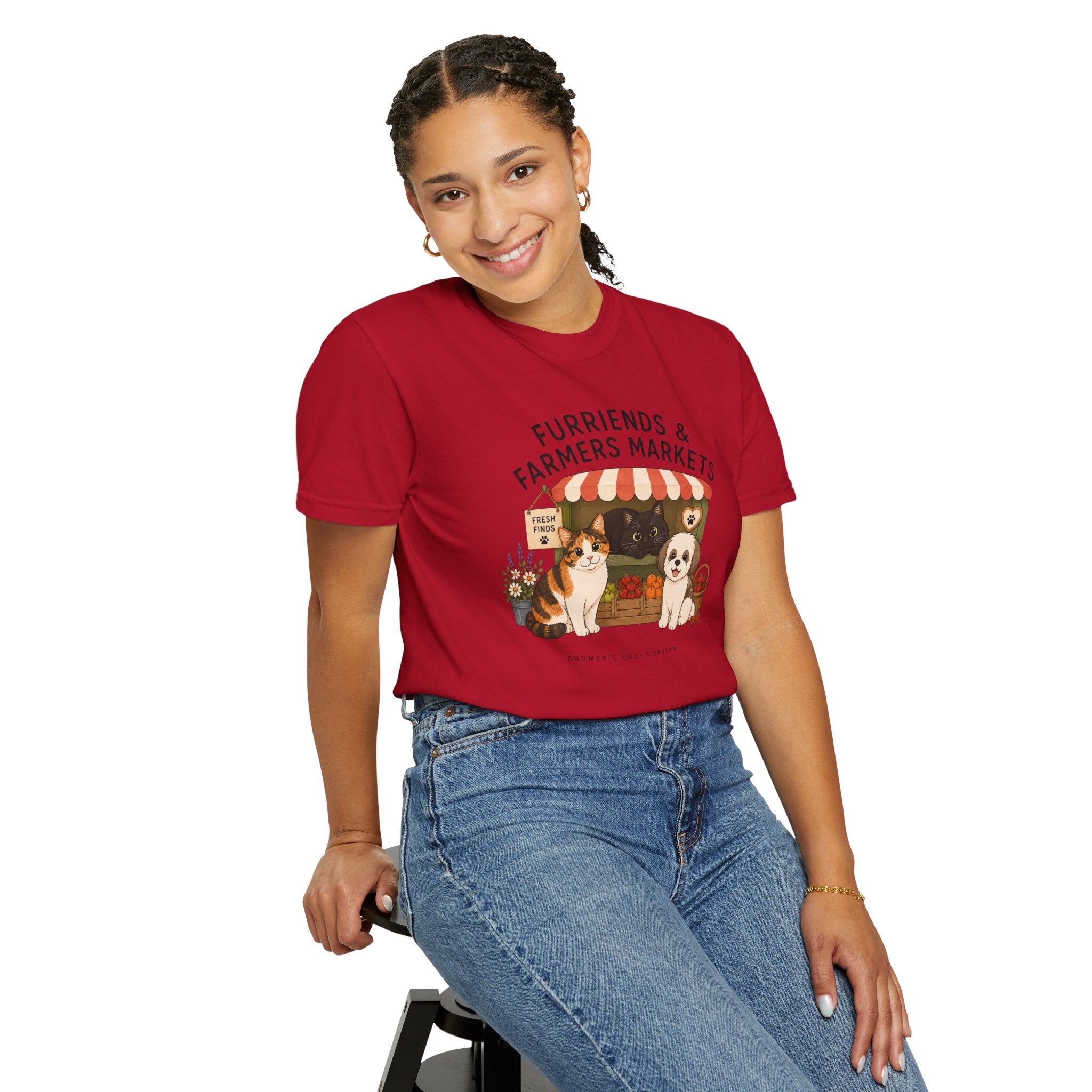 Chompy & Furriends ft. Fenlon Felines: Farmers Market Dogs T-Shirt — “Furriends & Farmers Markets” Cute Pet Market Tee