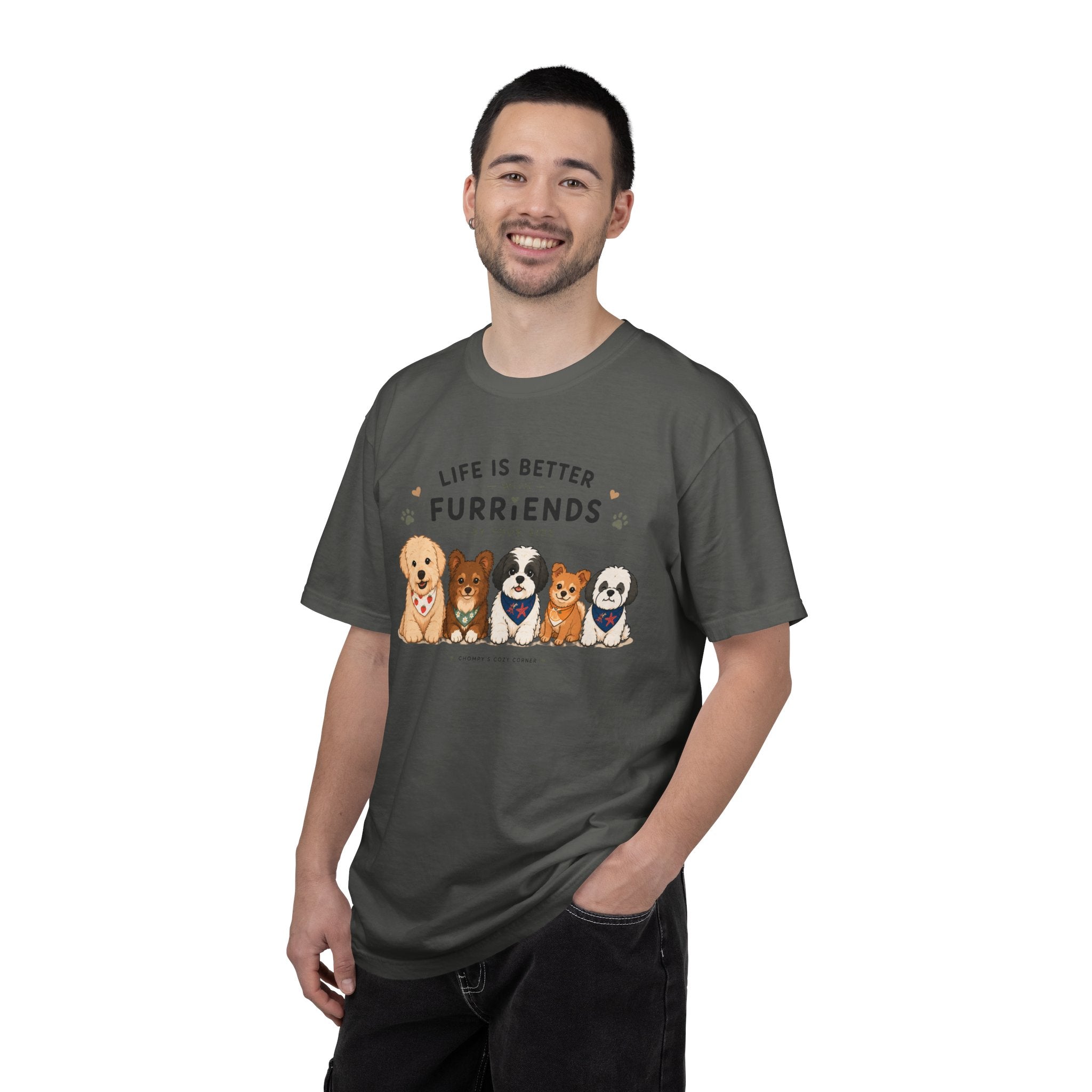 Chompy and Furriends ft. Cohen Crew: Life Is Better With Furriends T-Shirt — Cute Dogs Graphic Tee