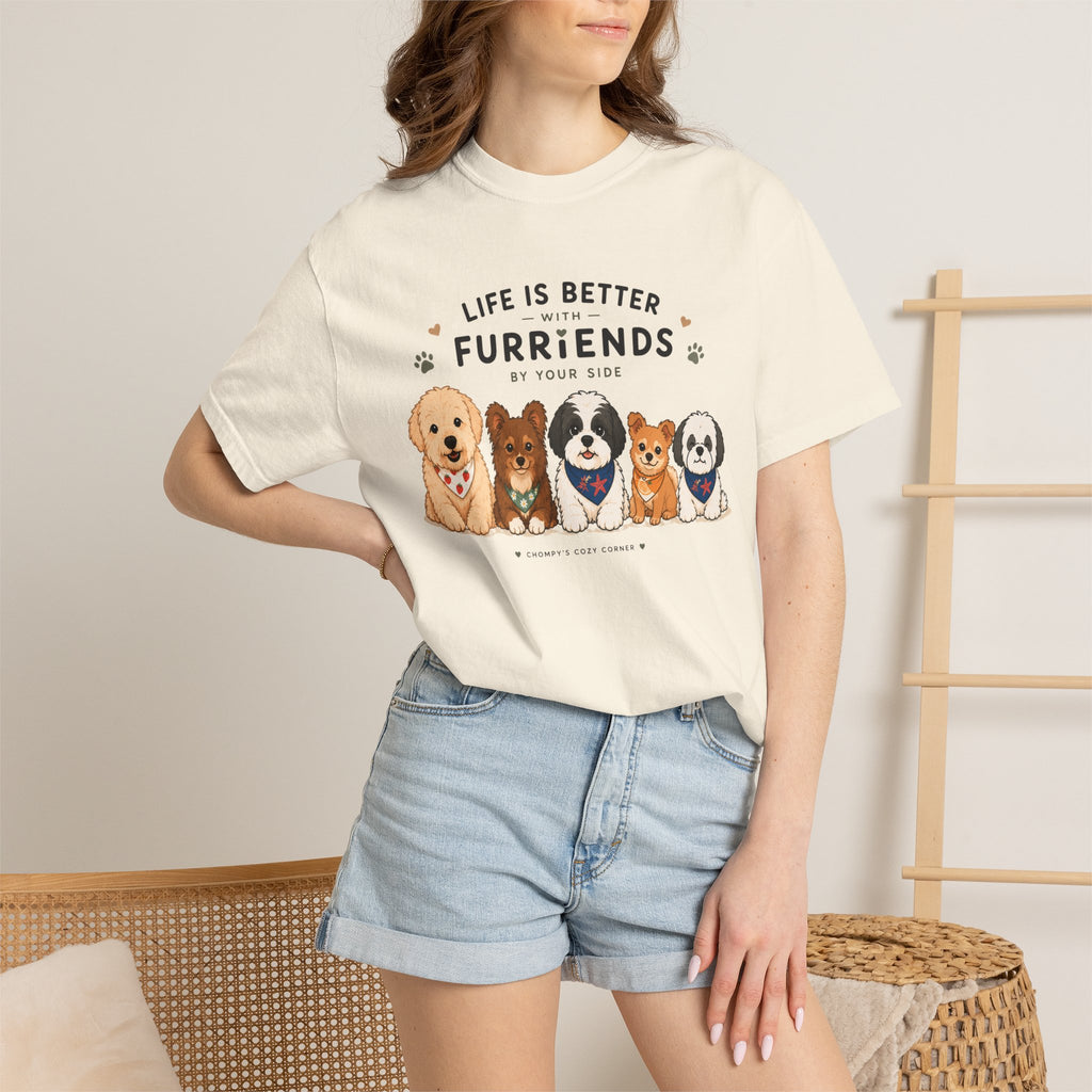 Chompy and Furriends ft. Cohen Crew: Life Is Better With Furriends T-Shirt — Cute Dogs Graphic Tee