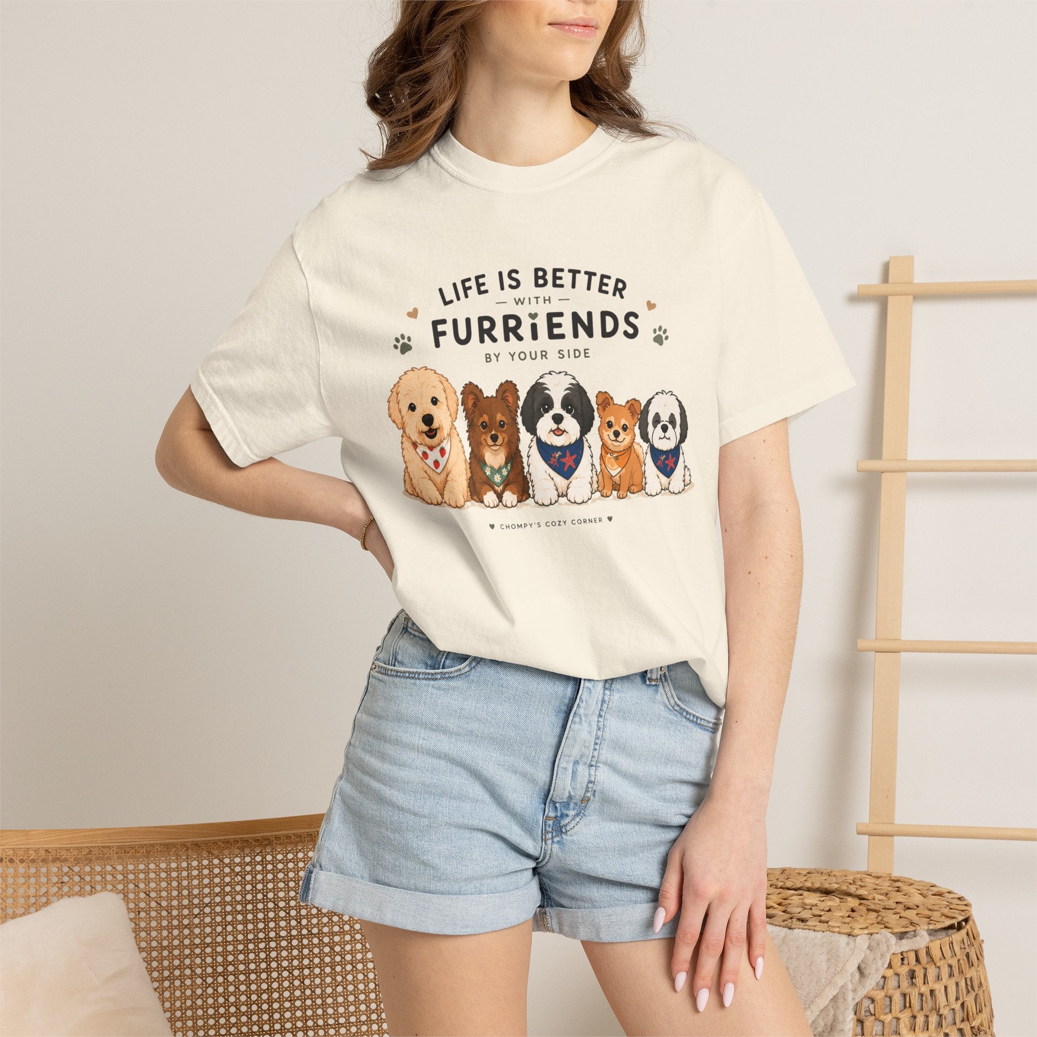 Chompy and Furriends ft. Cohen Crew: Life Is Better With Furriends T-Shirt — Cute Dogs Graphic Tee