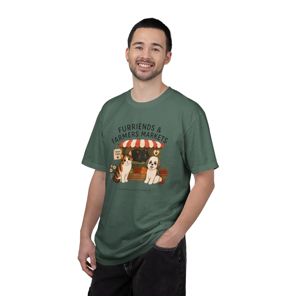 Chompy & Furriends ft. Fenlon Felines: Farmers Market Dogs T-Shirt — “Furriends & Farmers Markets” Cute Pet Market Tee