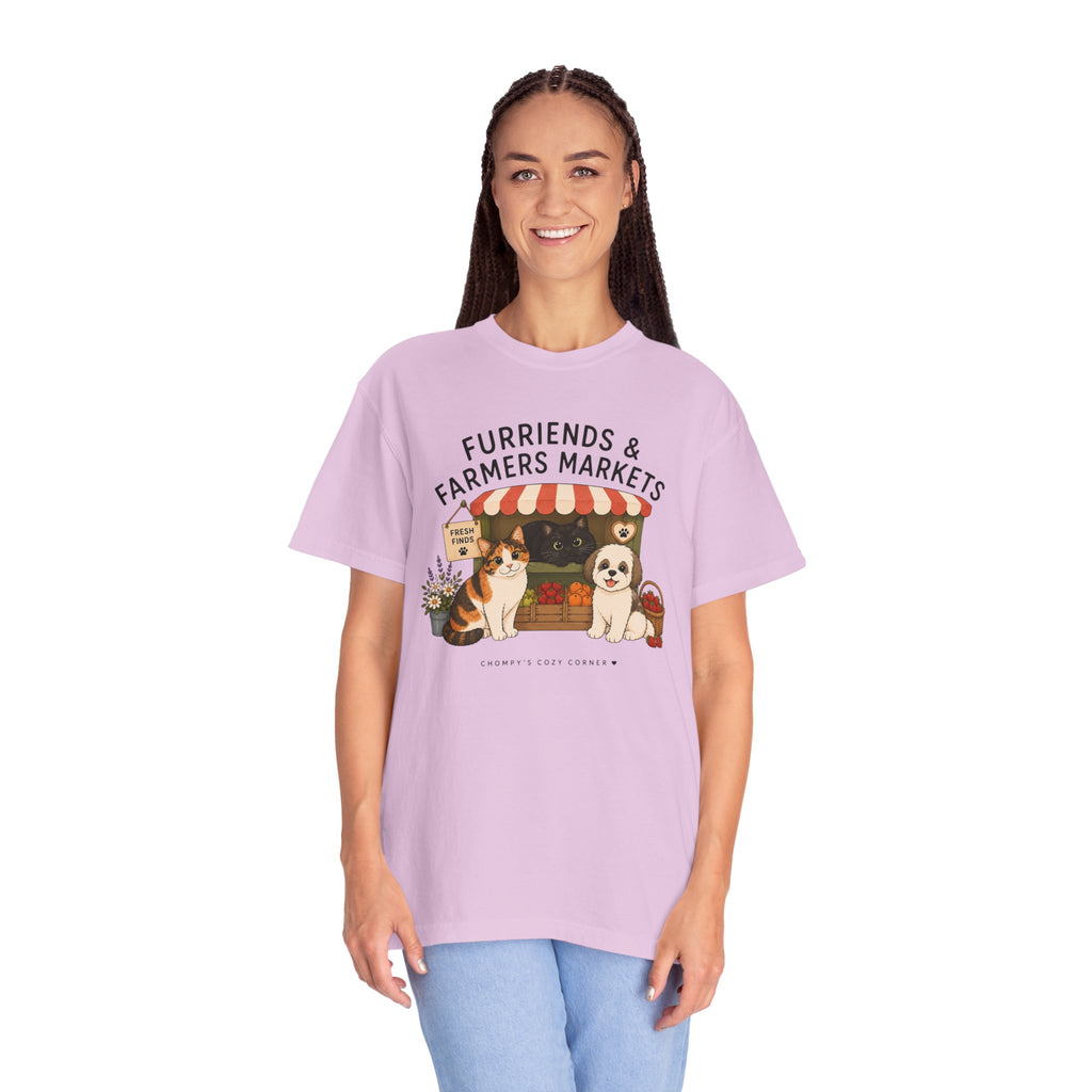 Chompy & Furriends ft. Fenlon Felines: Farmers Market Dogs T-Shirt — “Furriends & Farmers Markets” Cute Pet Market Tee
