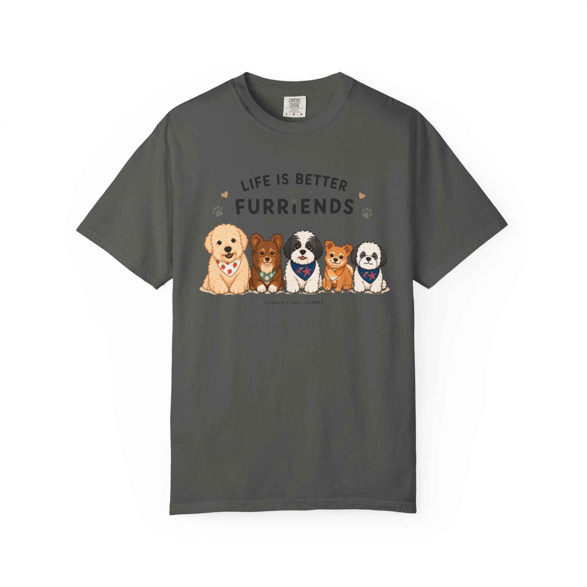 Chompy and Furriends ft. Cohen Crew: Life Is Better With Furriends T-Shirt — Cute Dogs Graphic Tee