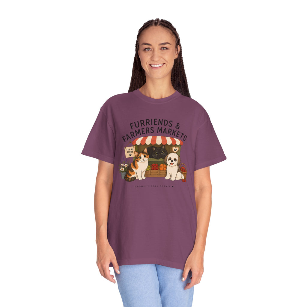 Chompy & Furriends ft. Fenlon Felines: Farmers Market Dogs T-Shirt — “Furriends & Farmers Markets” Cute Pet Market Tee
