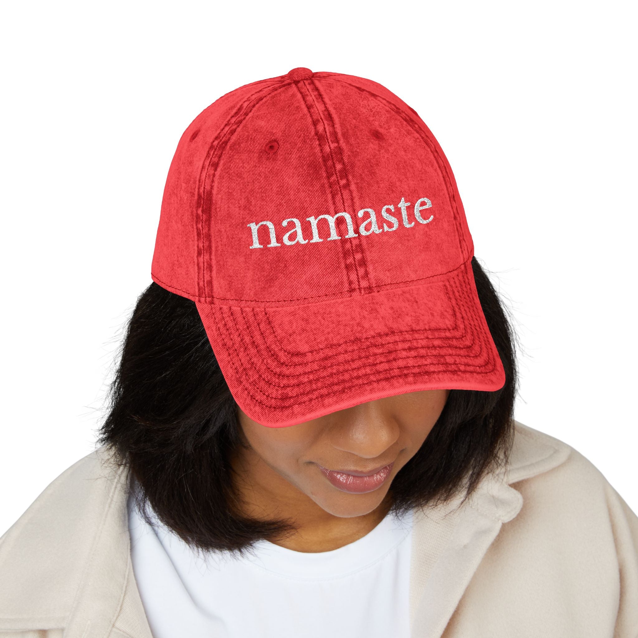 Vintage Embroidered Yoga Hat — "Namaste" Front with Cozy Shih-Poo Logo Back