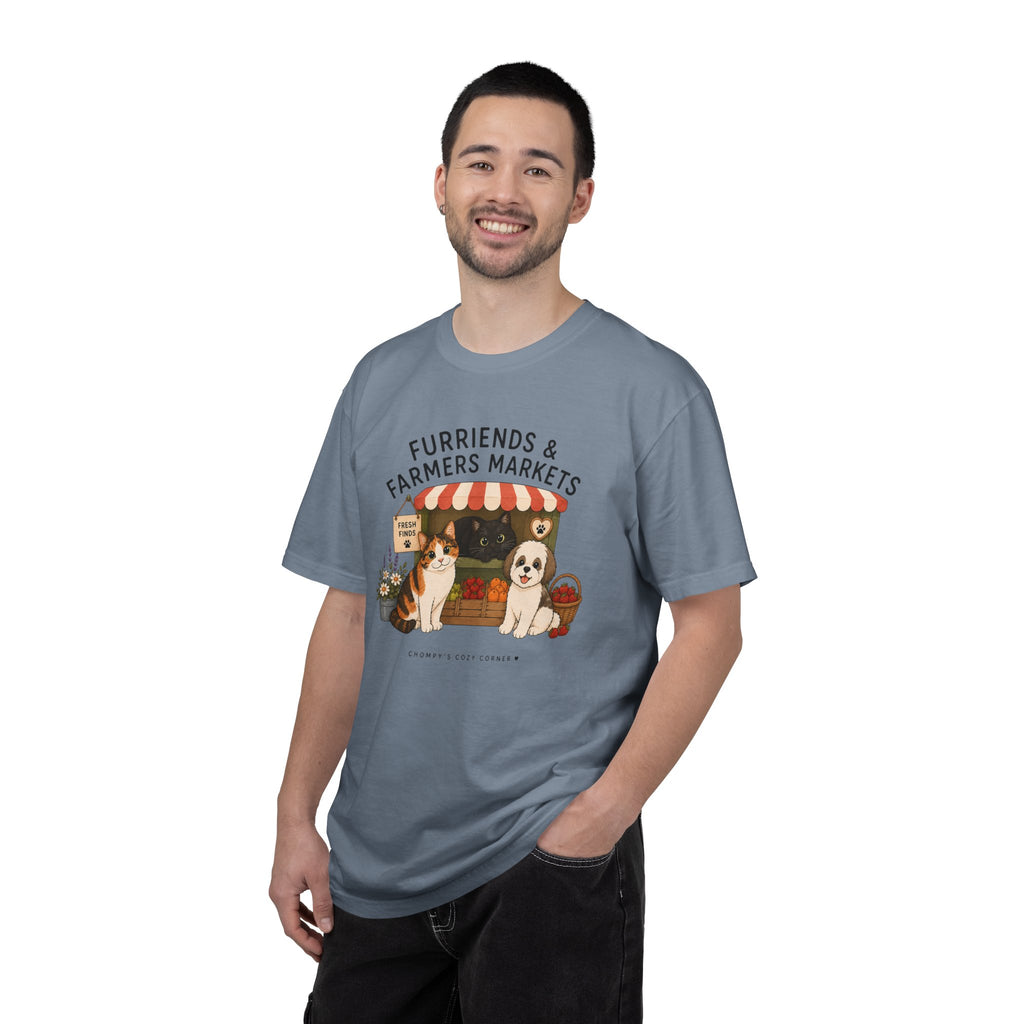 Chompy & Furriends ft. Fenlon Felines: Farmers Market Dogs T-Shirt — “Furriends & Farmers Markets” Cute Pet Market Tee