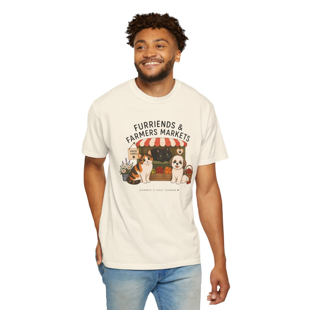 Chompy & Furriends ft. Fenlon Felines: Farmers Market Dogs T-Shirt — “Furriends & Farmers Markets” Cute Pet Market Tee