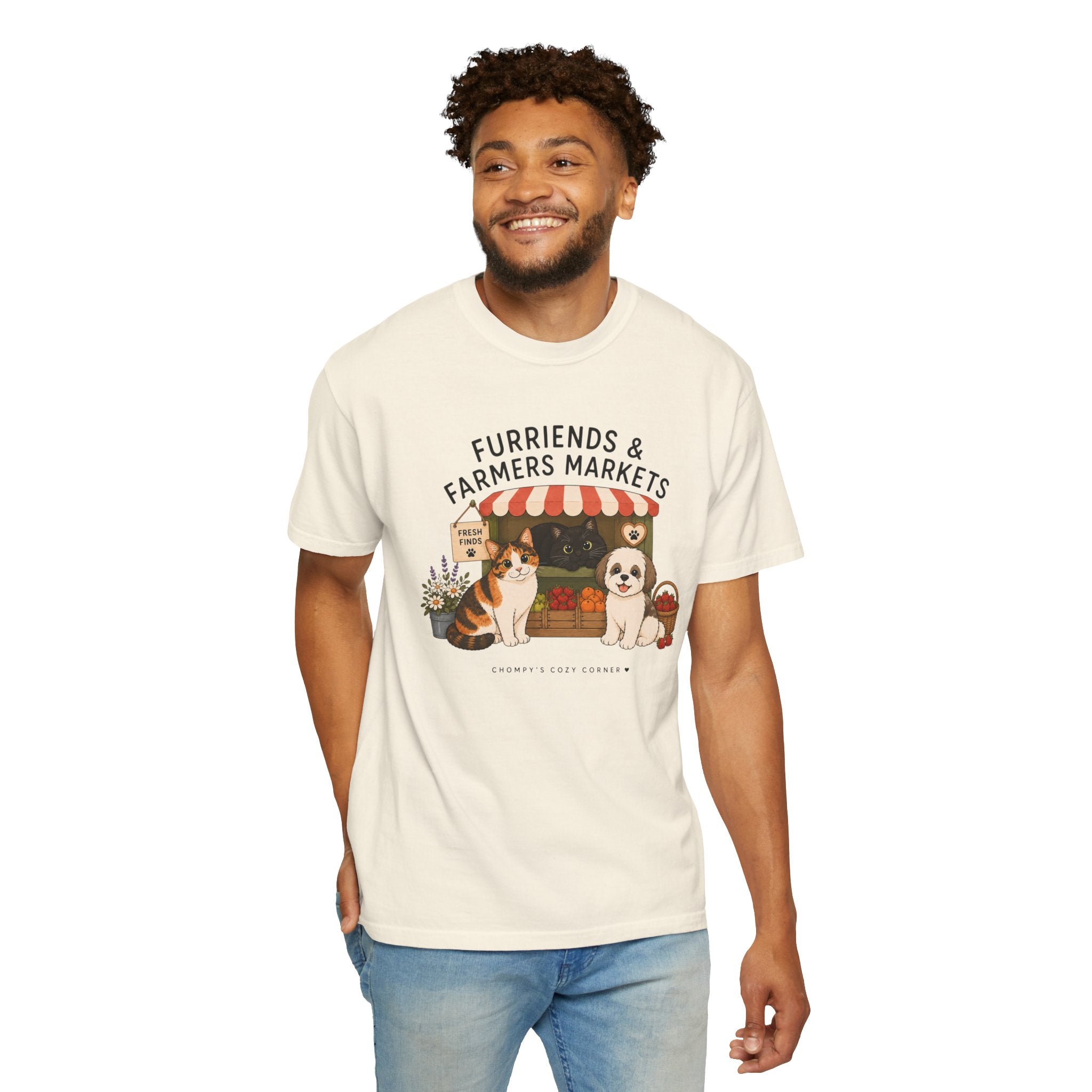 Chompy & Furriends ft. Fenlon Felines: Farmers Market Dogs T-Shirt — “Furriends & Farmers Markets” Cute Pet Market Tee