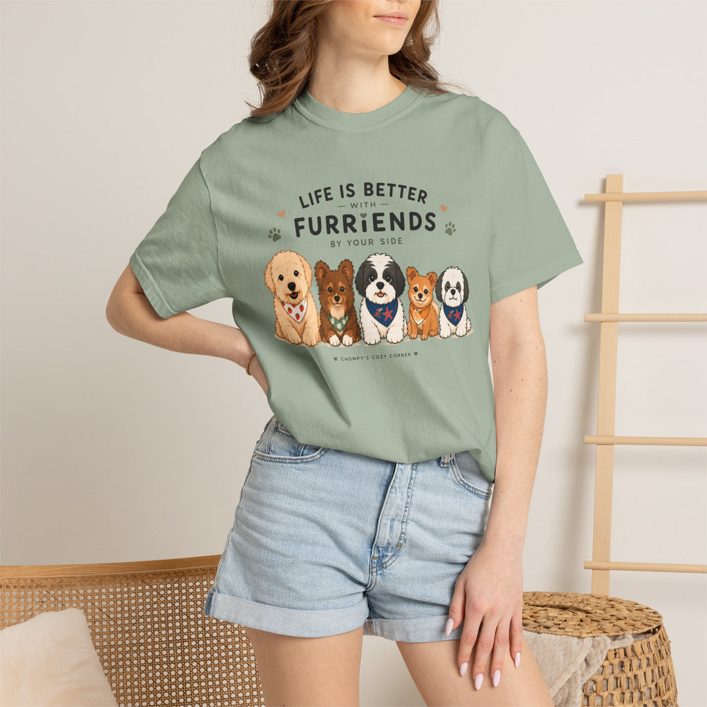 Chompy and Furriends ft. Cohen Crew: Life Is Better With Furriends T-Shirt — Cute Dogs Graphic Tee