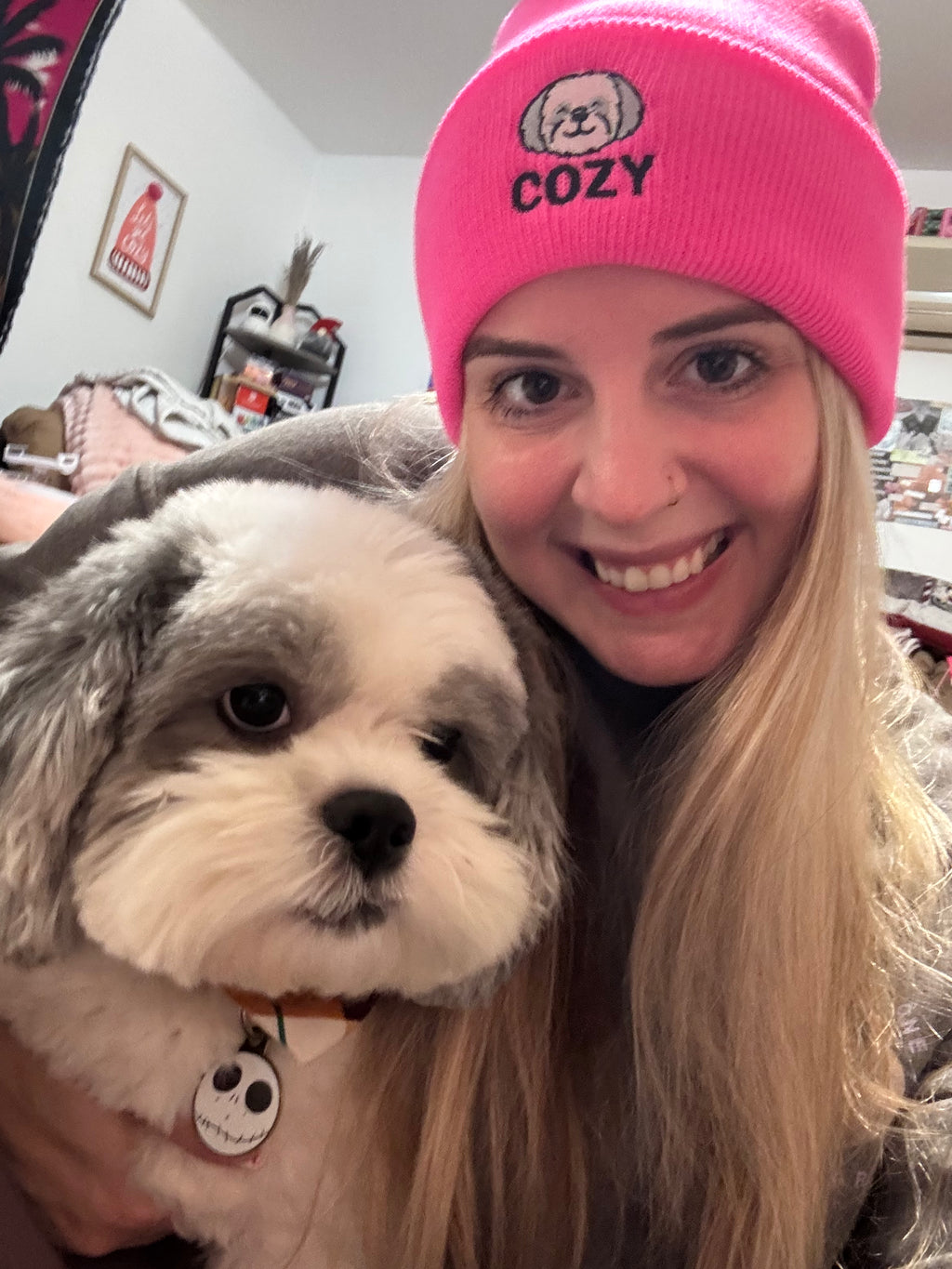 Cozy Shih-Poo Pom-Pom Knit Cap (Embroidery)